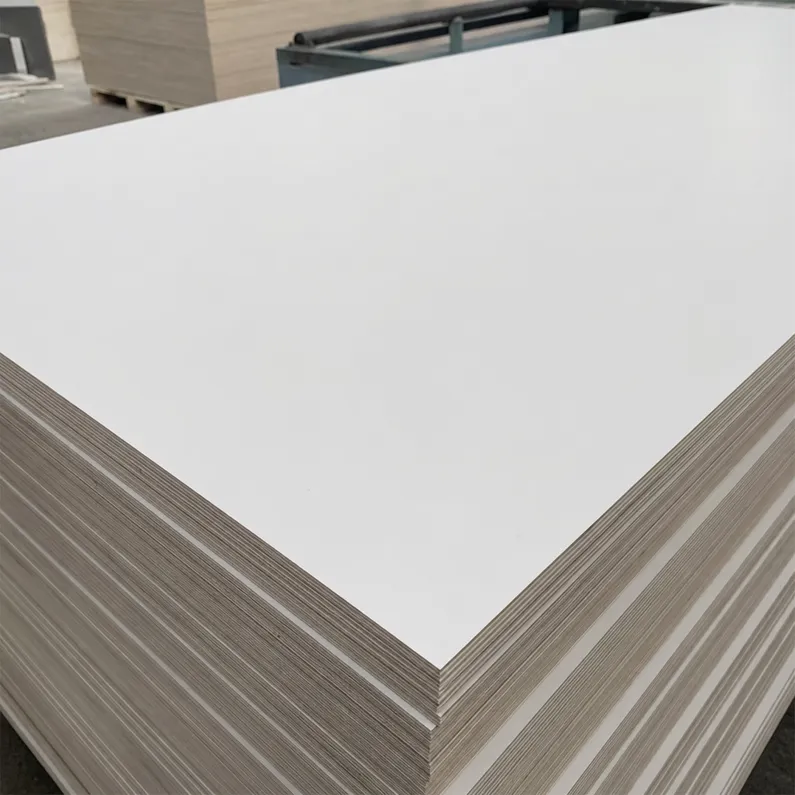 Close-up of resin-impregnated paper overlay bonded to plywood substrate — smooth grain-free surface ready for paint