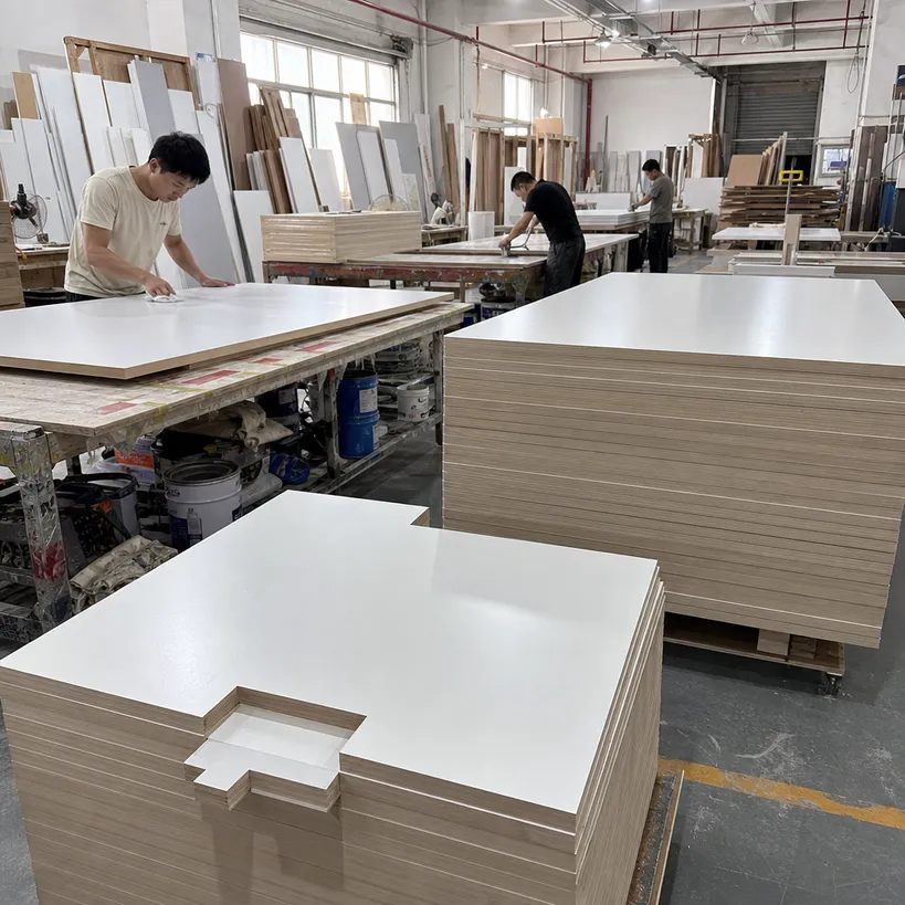 Sign shop fabricating painted signage panels using paper overlaid plywood substrate