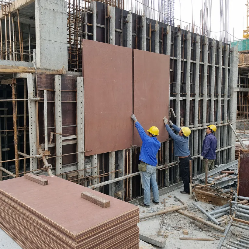 Paper overlaid plywood panels used as temporary and reusable concrete formwork overlays on construction site