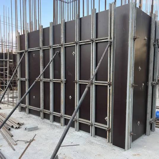Paper overlaid plywood sheet used as concrete formwork panels on a construction site