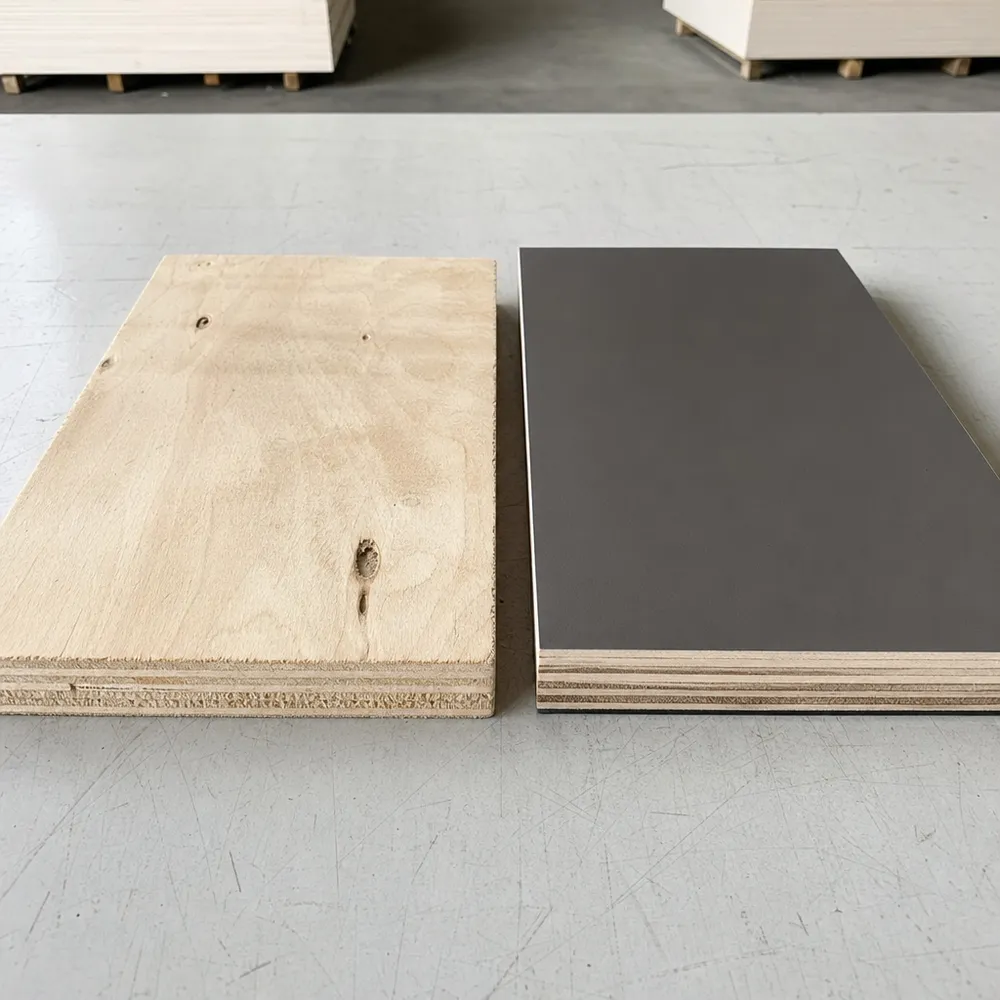 Cross-section comparison showing raw plywood face versus paper overlaid plywood sheet surface