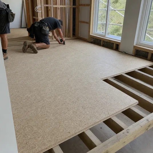 P5 chipboard particle board used as flooring substrate in residential construction
