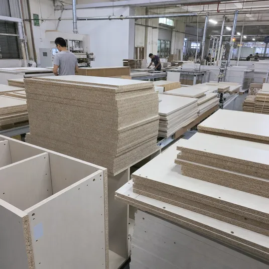 Chipboard particle board used in flat-pack furniture manufacturing — cabinet carcasses and shelving