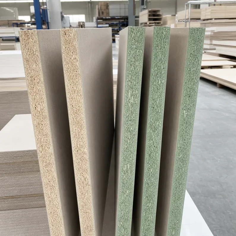 Chipboard particle board P2 and P5 grade panels showing natural core and green-dyed moisture-resistant core
