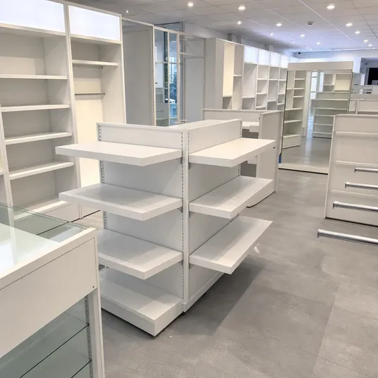 Melamine-faced chipboard particle board used in retail display shelving and shop fixtures