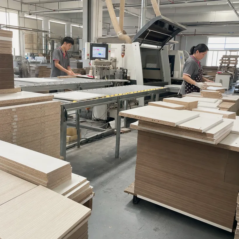 Flat-pack furniture manufacturing line using chipboard particle board
