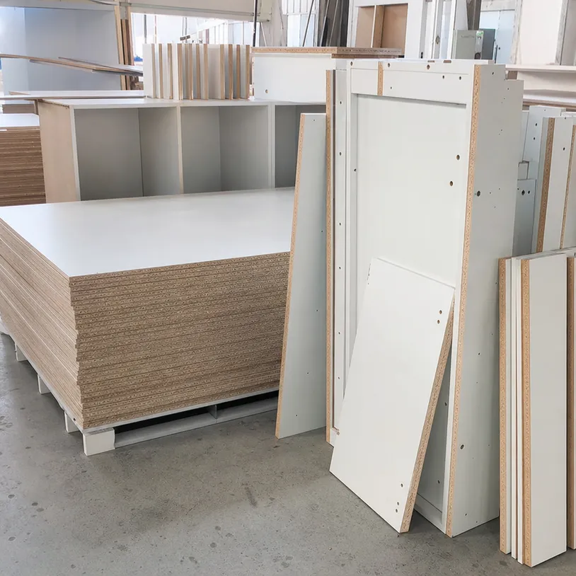 Chipboard particle board panels for furniture manufacturing, cabinet carcasses, and interior fit-out