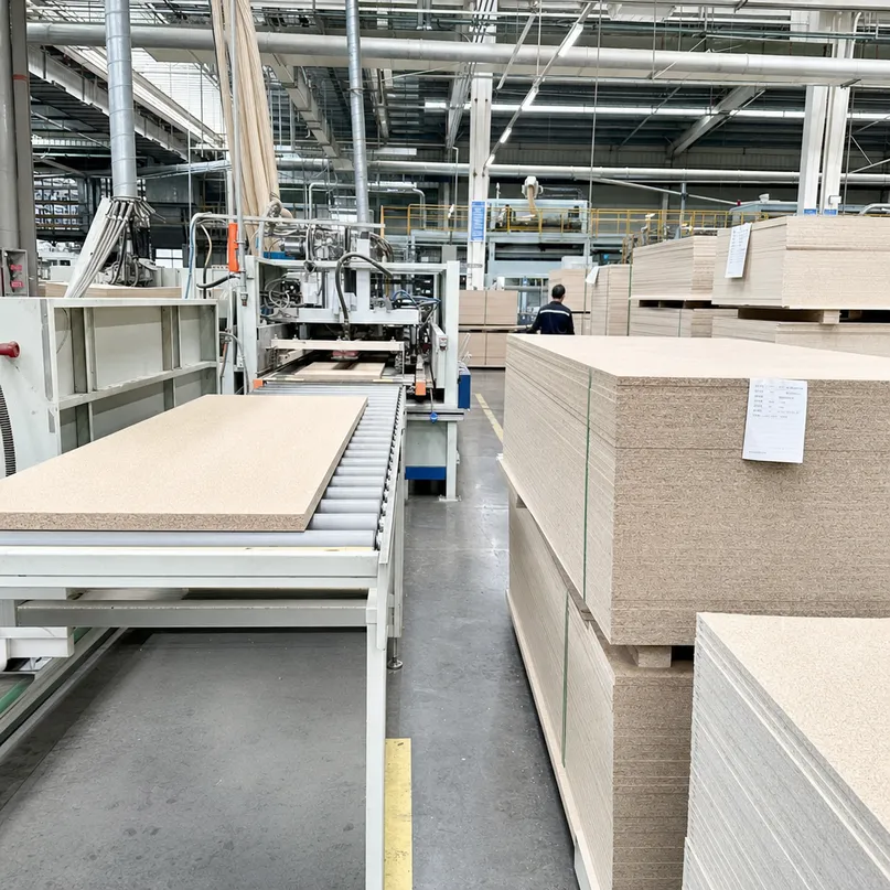OEM custom panel production line showing labeled bundles and custom specification chipboard