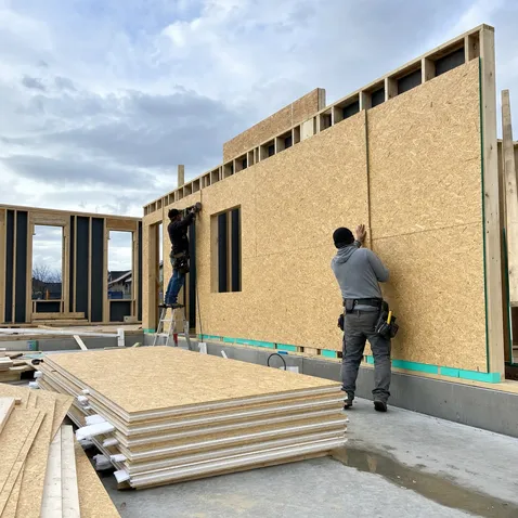OSB/3 structural panels used as wall sheathing in prefab housing construction