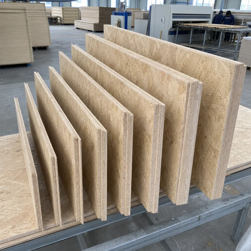 Custom OSB panels showing sanded surface, tongue-and-groove edge, and various thickness options at QDPlywood.com factory