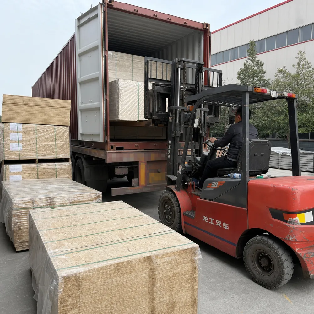 OSB panels bundled and loaded into shipping containers at QDPlywood.com Xuzhou facility for export