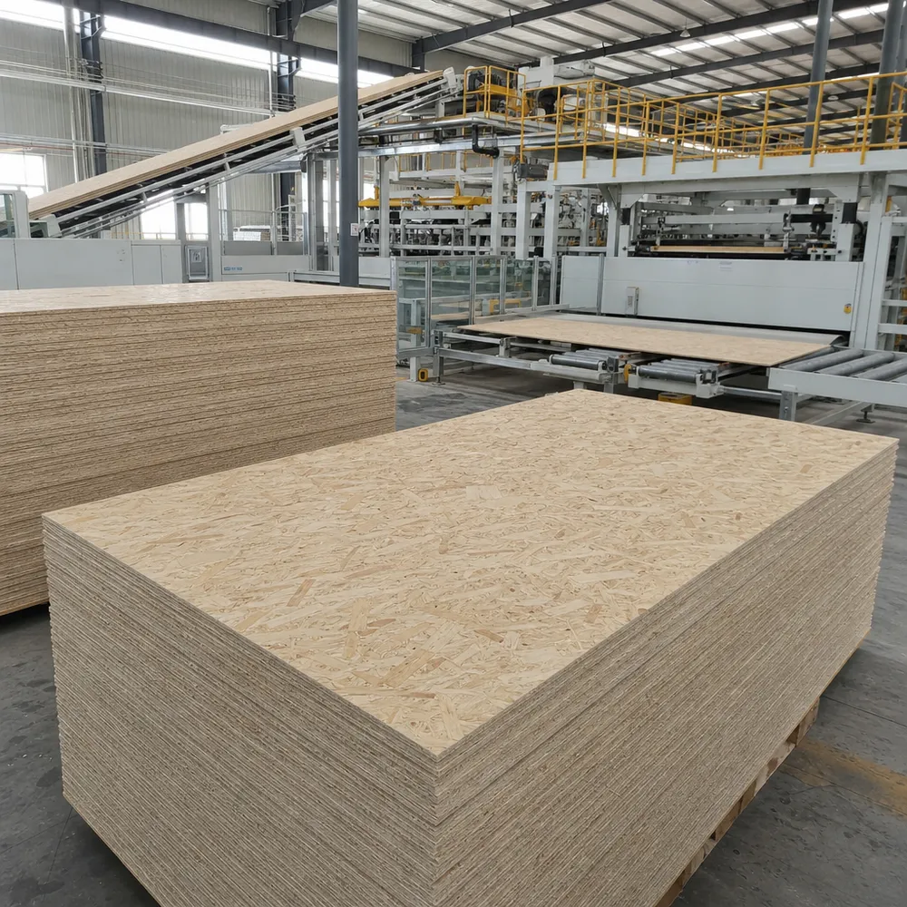 Structural-grade oriented strand board panels manufactured at QDPlywood.com facility in Xuzhou, China