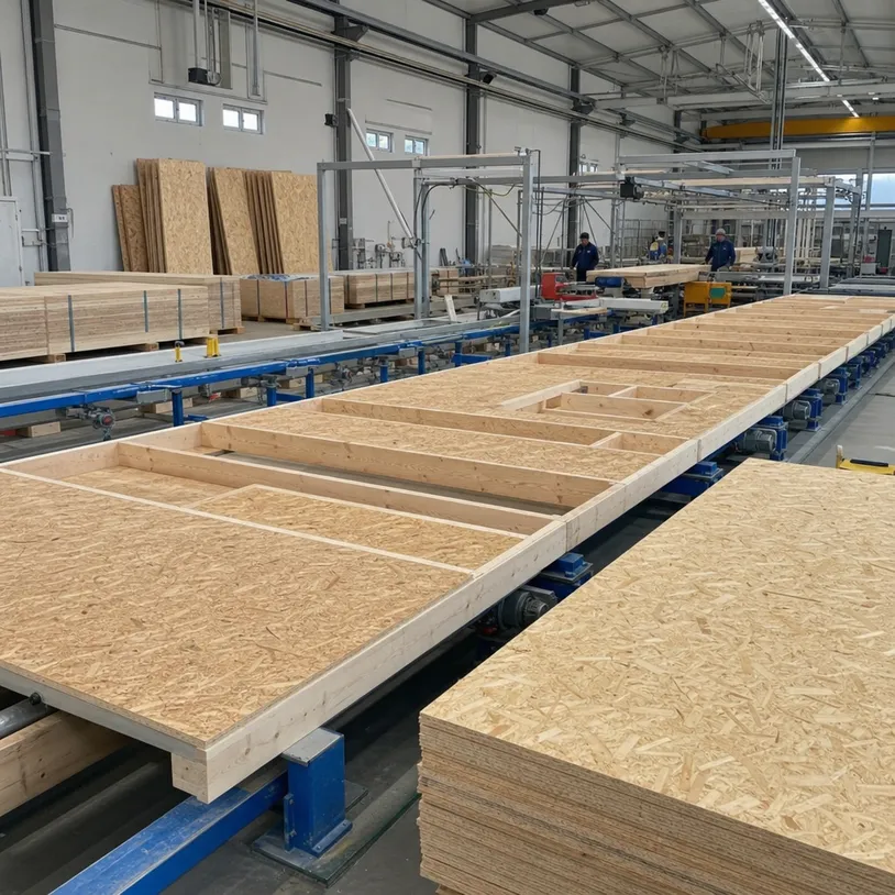 OSB panels in prefabricated wall panel and floor cassette manufacturing line