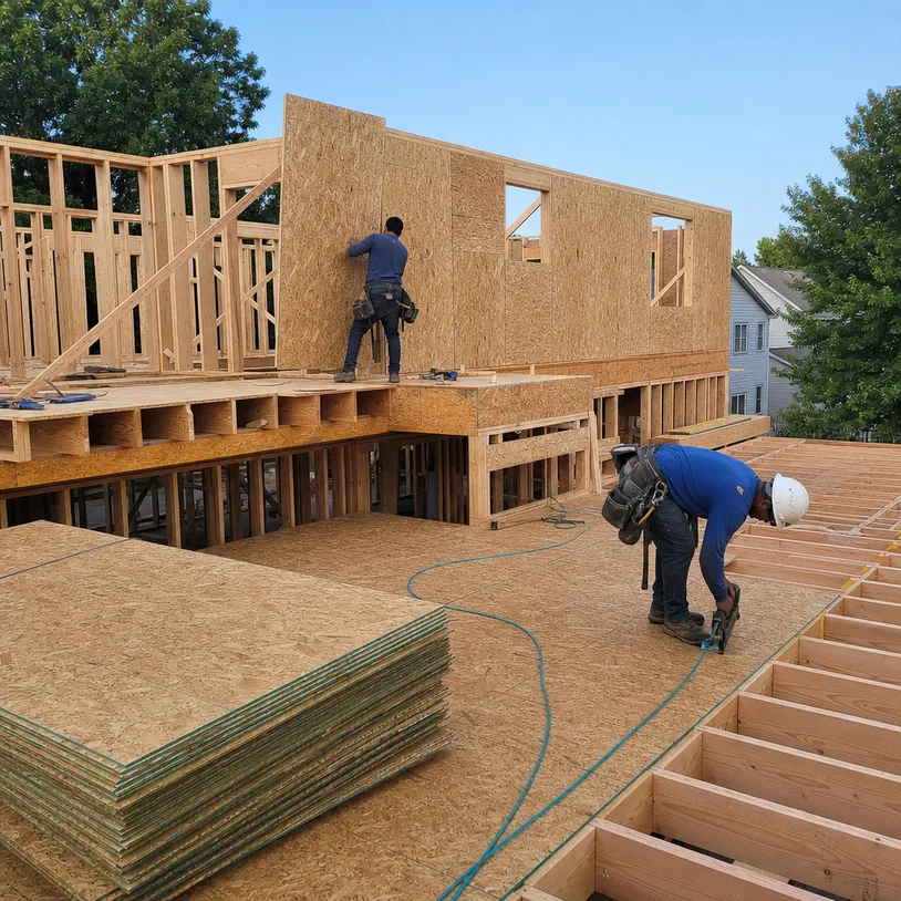 OSB panels used in residential construction framing — floor decking and wall sheathing