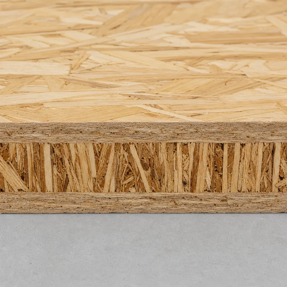 Cross-section showing perpendicular strand orientation in OSB face and core layers