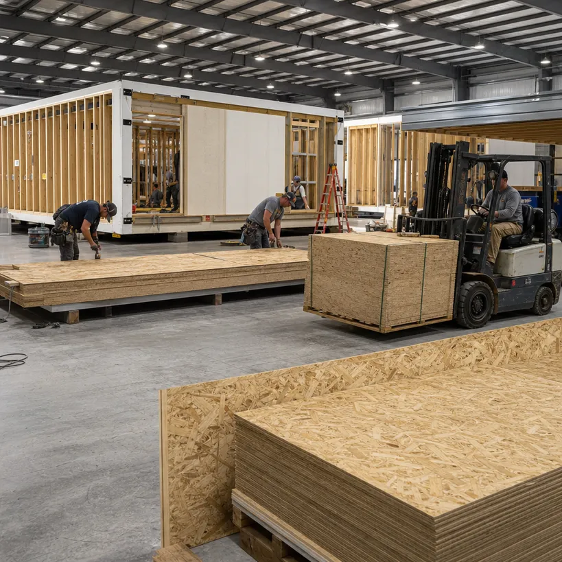 OSB flooring panels used in modular and prefabricated building manufacturing