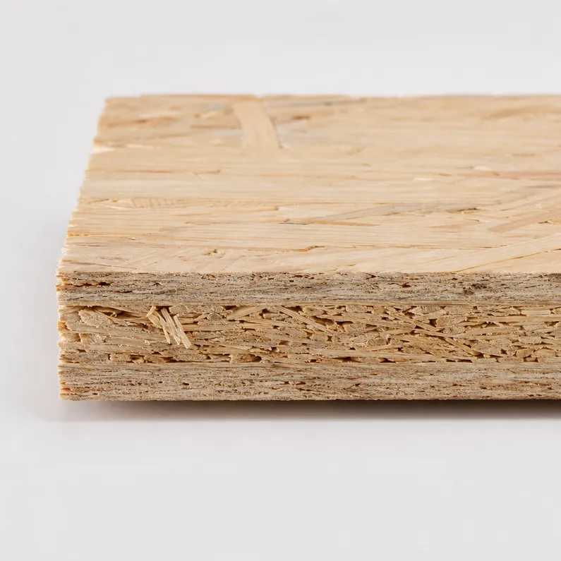 Cross-section view of OSB flooring panel showing three-layer strand orientation construction