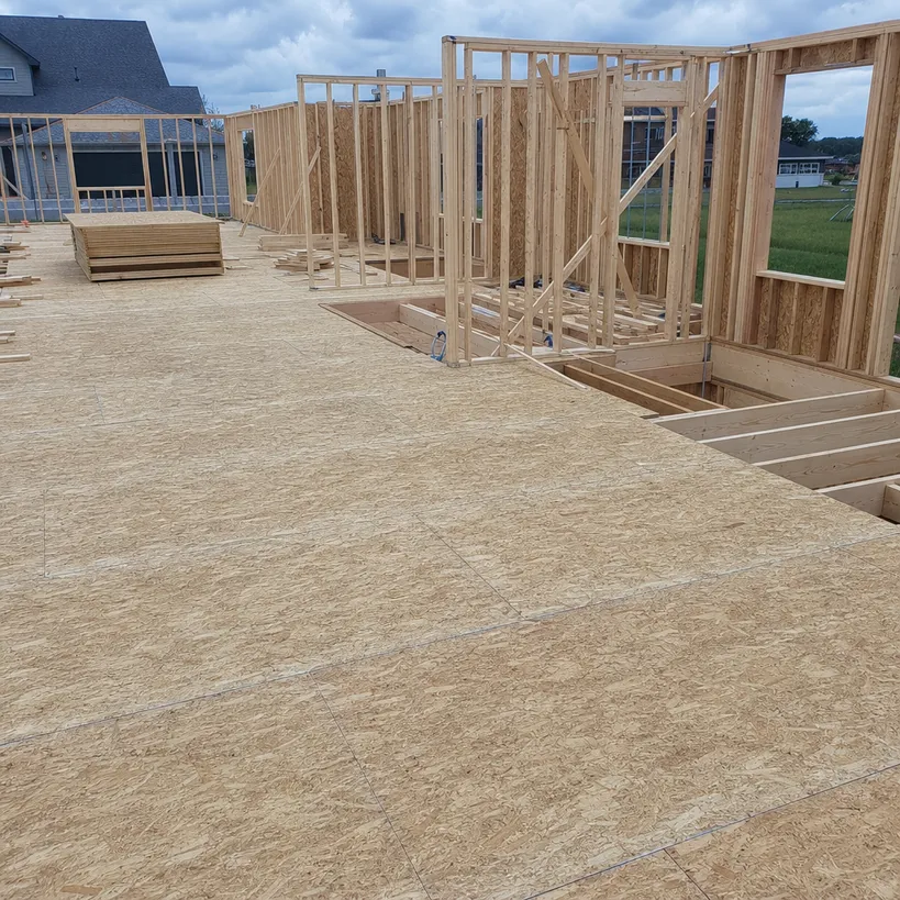 OSB subfloor panels installed in residential timber-frame construction