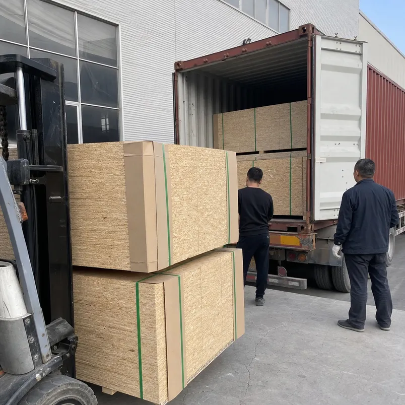OSB panels bundled and loaded into a 40HQ shipping container at Xuzhou factory