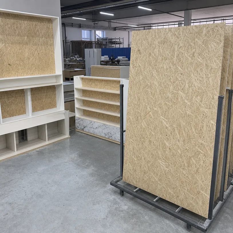 Thin OSB panels used in furniture backs and retail display fixtures showing visible strand texture