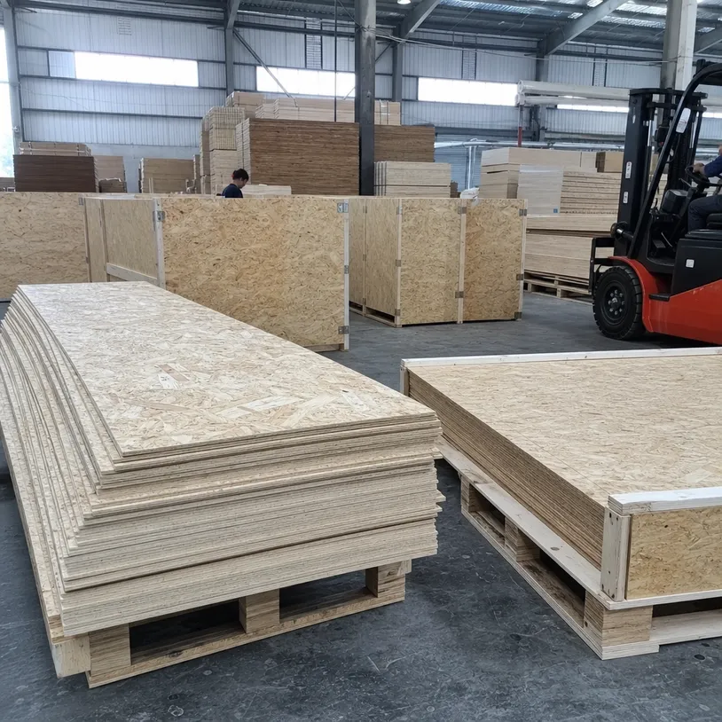 OSB panels used in heavy-duty export packaging crates and pallet decking