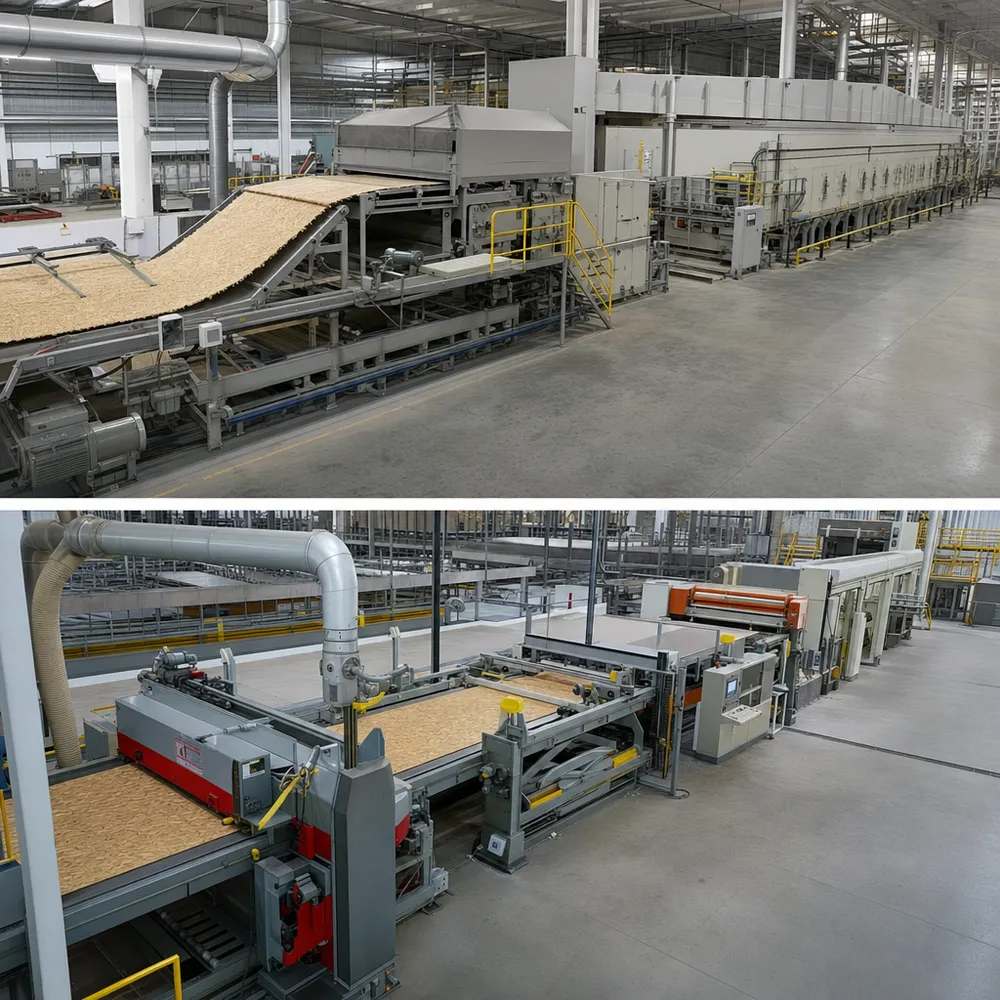 OSB continuous press line showing strand mat forming and pressing stages at the QDPlywood factory
