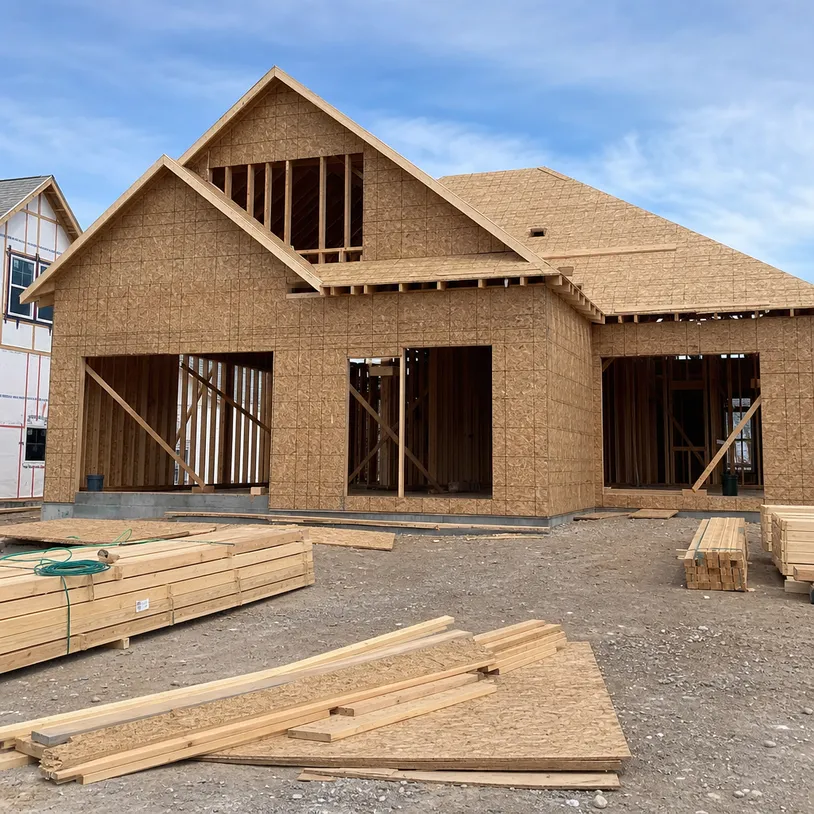 OSB wall sheathing and roof decking on a residential framing project